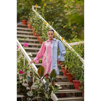 AKSH INDIA Manifest Ghigham Multi-Color Dress with Bow Tie