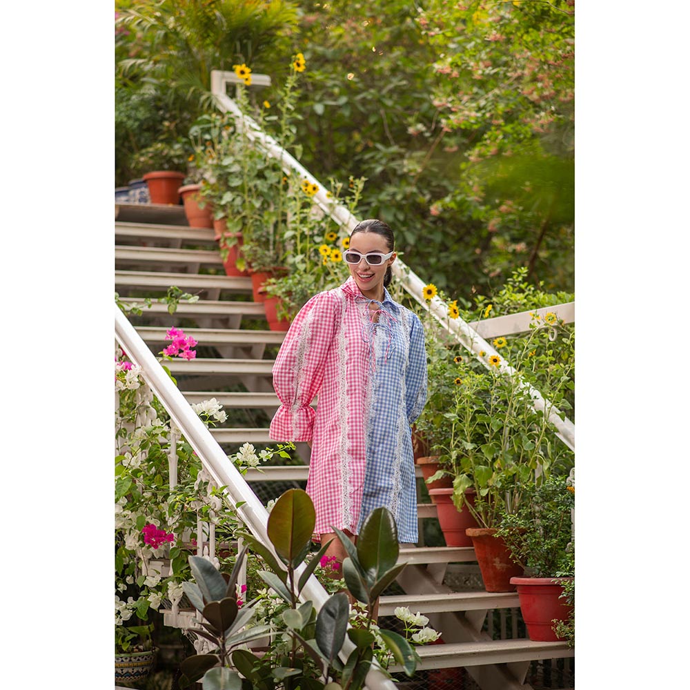 AKSH INDIA Manifest Ghigham Multi-Color Dress with Bow Tie