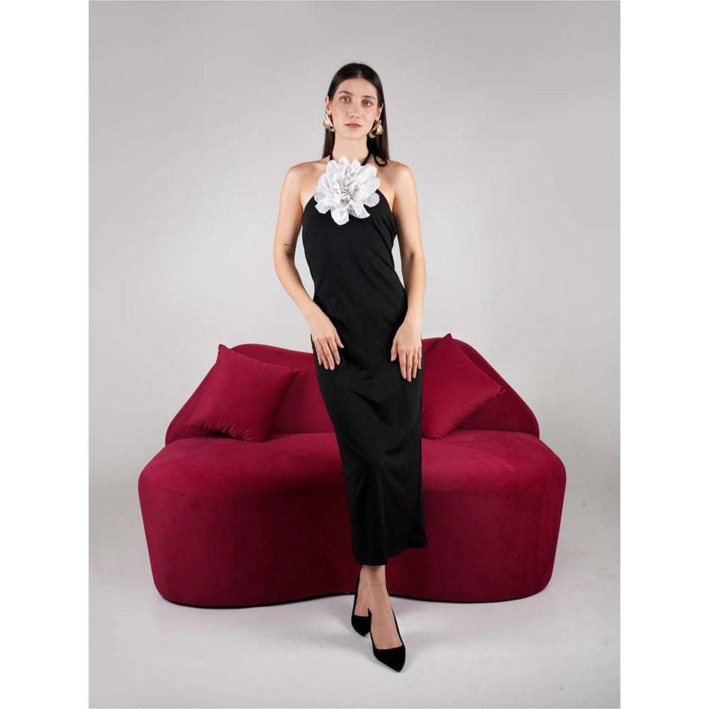 AKSH INDIA Snow Rose Black Midi Dress