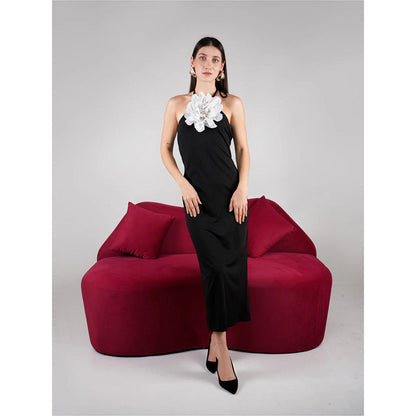 AKSH INDIA Snow Rose Black Midi Dress
