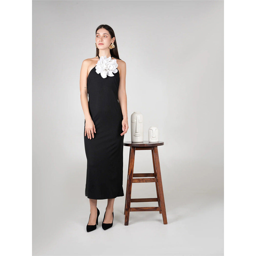 AKSH INDIA Snow Rose Black Midi Dress