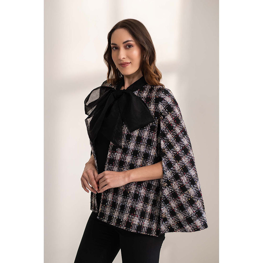 AKSH INDIA Ginny Bow Tweed Cape - Black