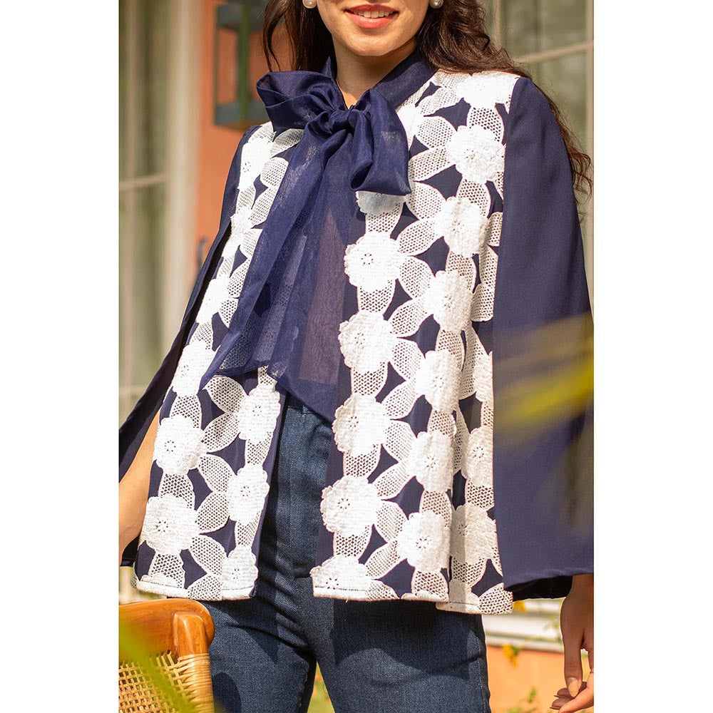 AKSH INDIA Roseate Navy Blue Cut Work Lace Embroidery Cape