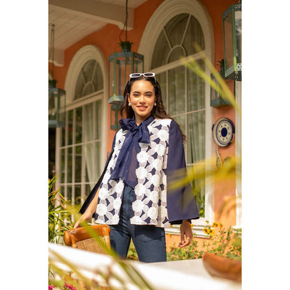 AKSH INDIA Roseate Navy Blue Cut Work Lace Embroidery Cape