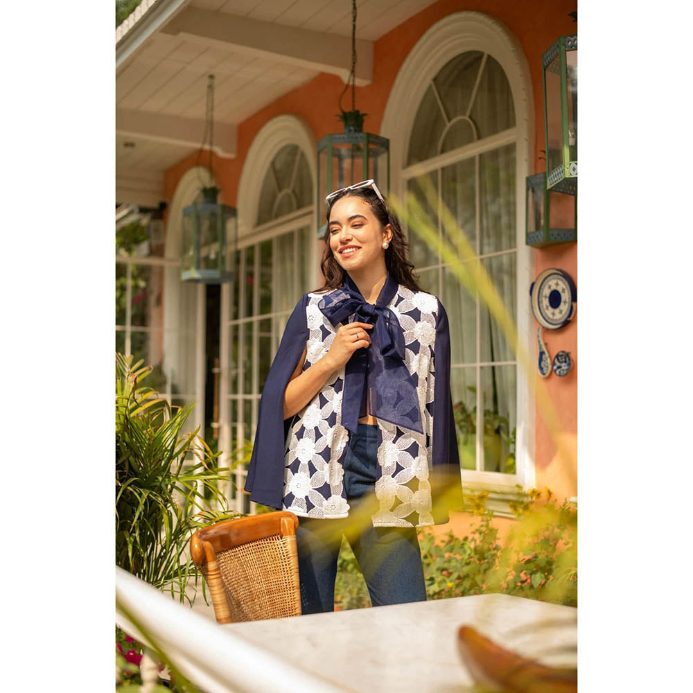 AKSH INDIA Roseate Navy Blue Cut Work Lace Embroidery Cape