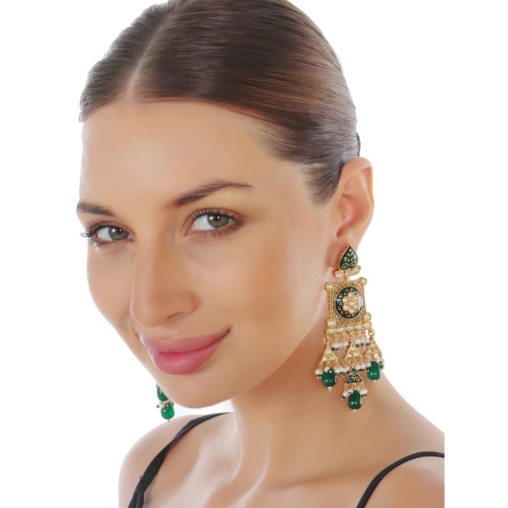 Akulya Jewels Green Kundan and Meena Danglers
