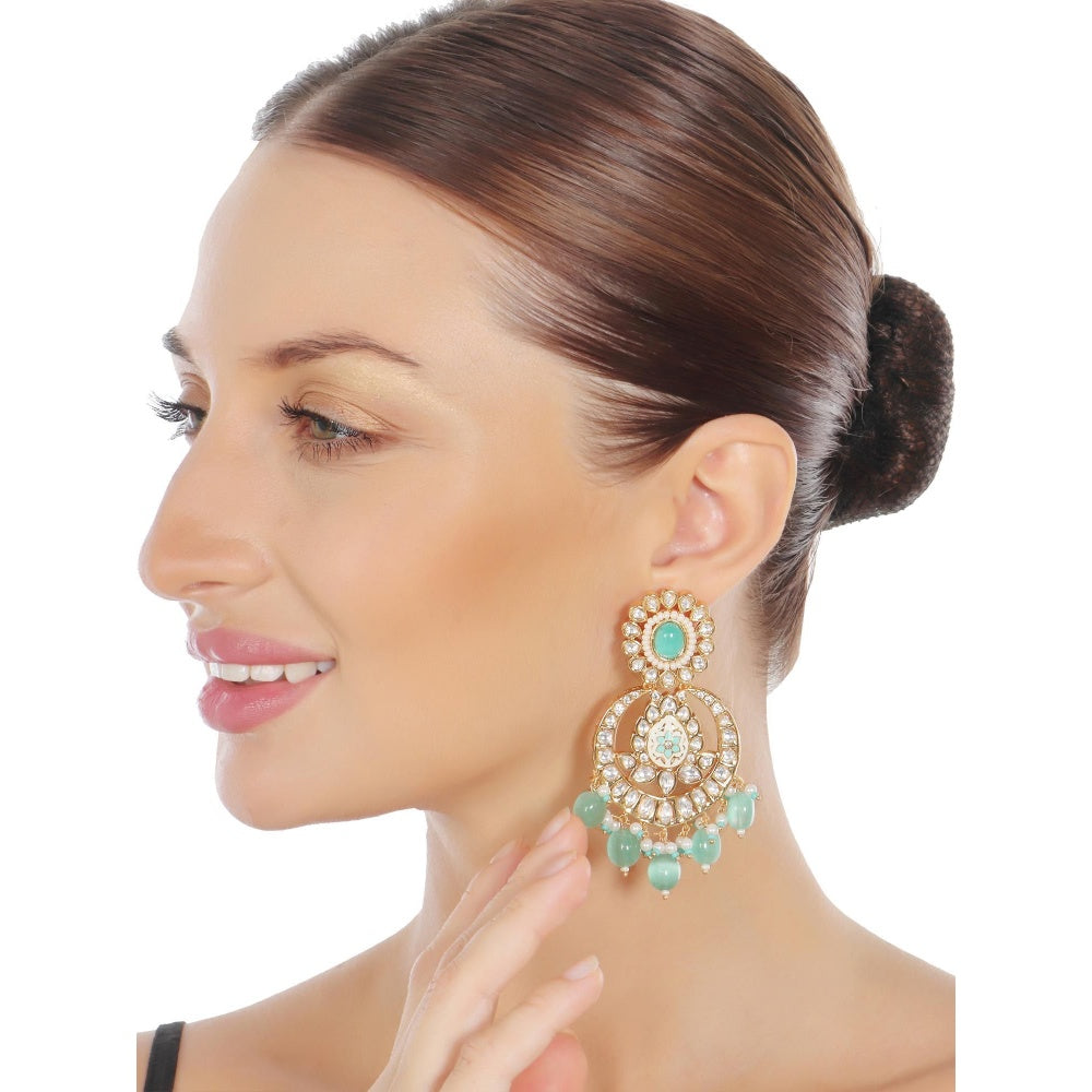 Akulya Jewels Mint Green Kundan and Minakari Chandbalis