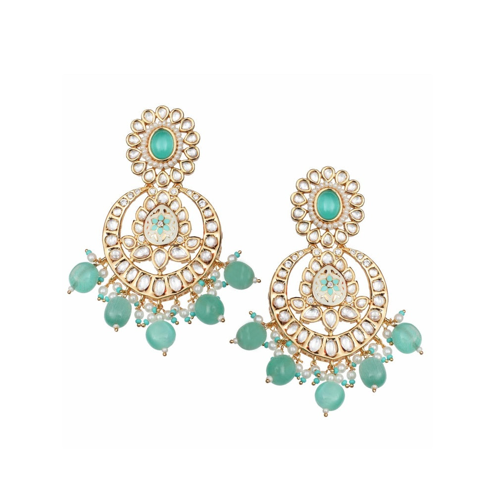 Akulya Jewels Mint Green Kundan and Minakari Chandbalis