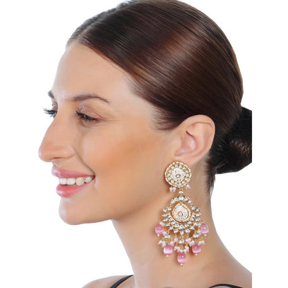 Akulya Jewels Pink and White Kundan Meenkari Danglers with Beads