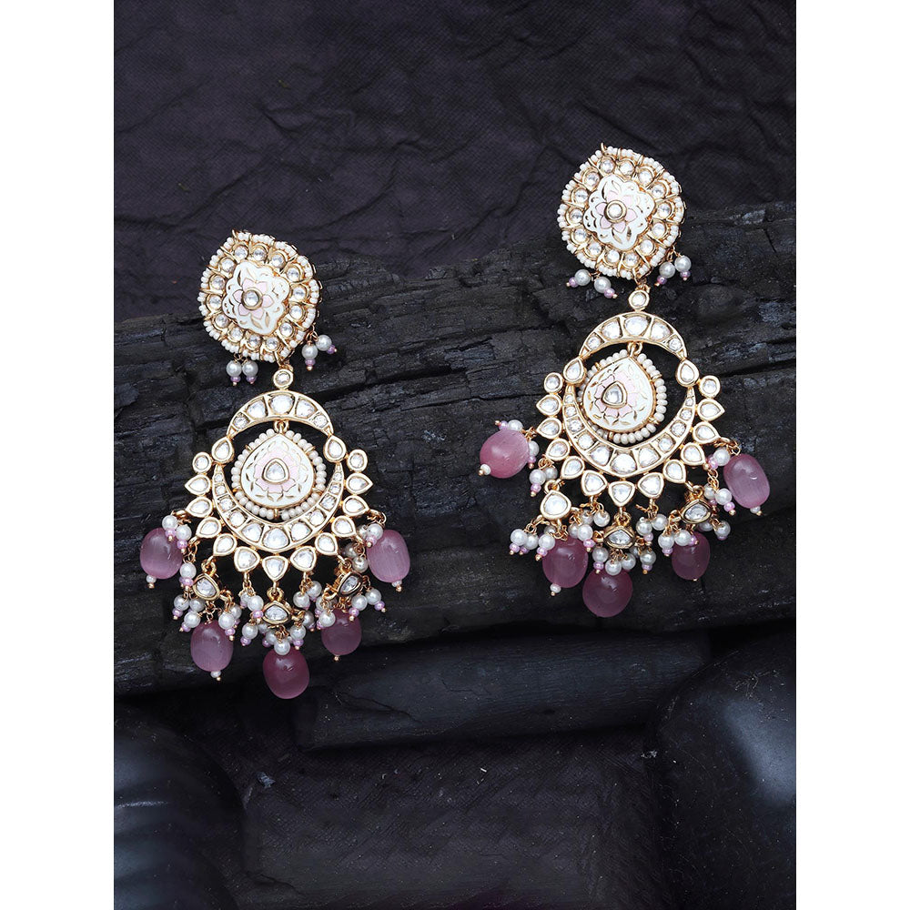 Akulya Jewels Pink and White Kundan Meenkari Danglers with Beads