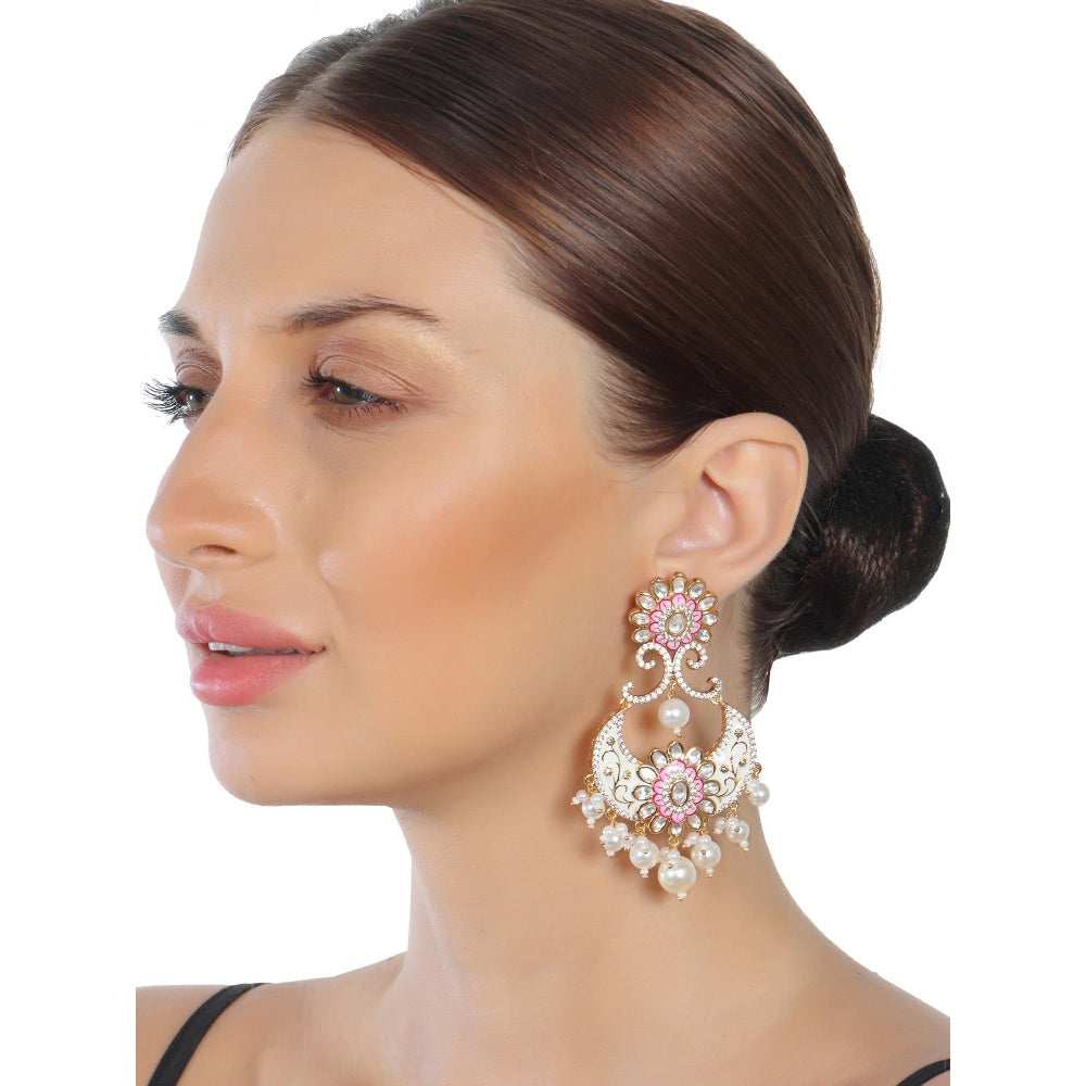 Akulya Jewels Pink and White Kundan Meenkari Chandbalis