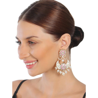Akulya Jewels Pink and White Kundan Meenkari Chandbalis