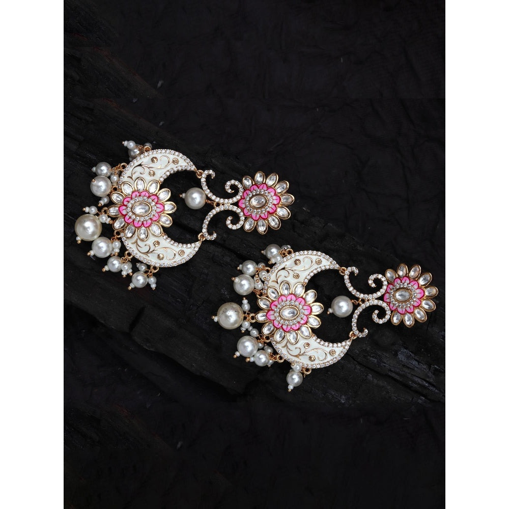 Akulya Jewels Pink and White Kundan Meenkari Chandbalis