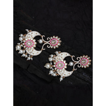 Akulya Jewels Pink and White Kundan Meenkari Chandbalis