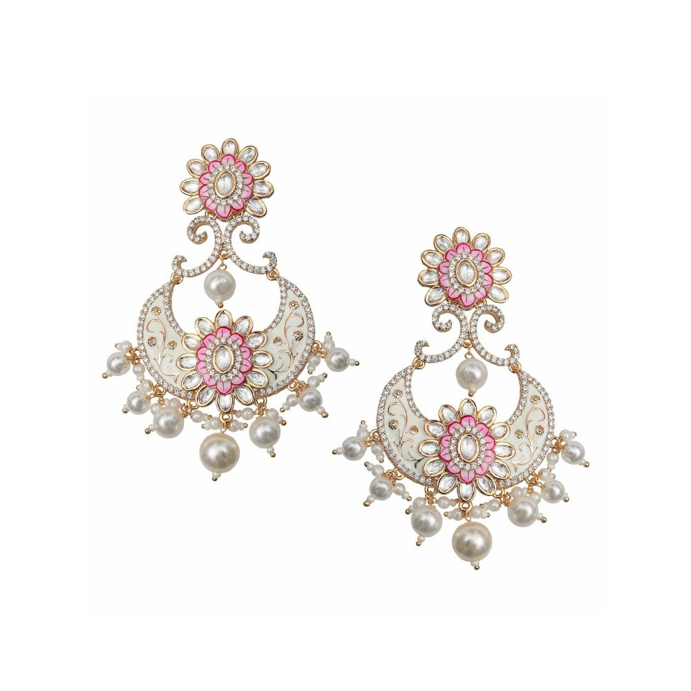 Akulya Jewels Pink and White Kundan Meenkari Chandbalis