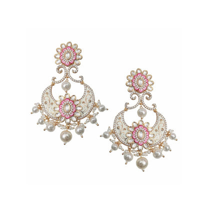 Akulya Jewels Pink and White Kundan Meenkari Chandbalis
