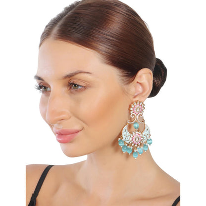 Akulya Jewels Turquoise and White Kundan Meenkari Chandbalis