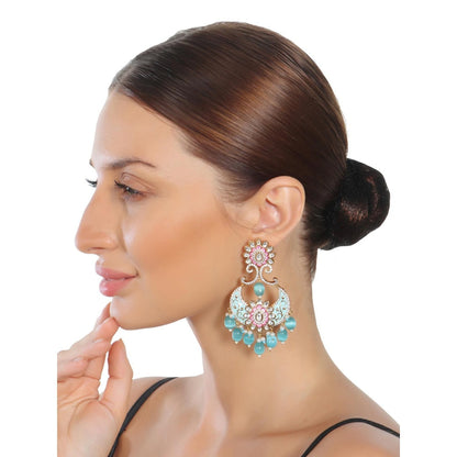 Akulya Jewels Turquoise and White Kundan Meenkari Chandbalis