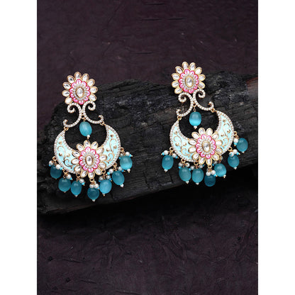 Akulya Jewels Turquoise and White Kundan Meenkari Chandbalis
