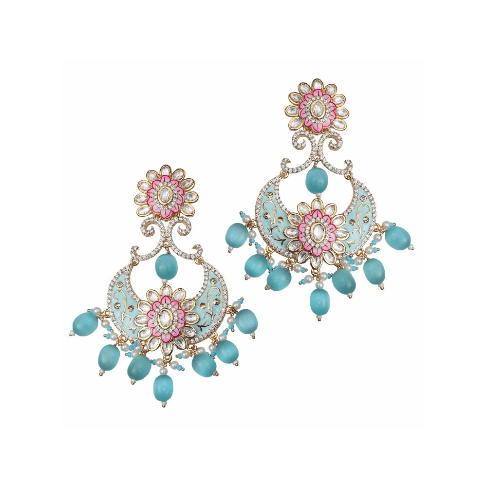 Akulya Jewels Turquoise and White Kundan Meenkari Chandbalis