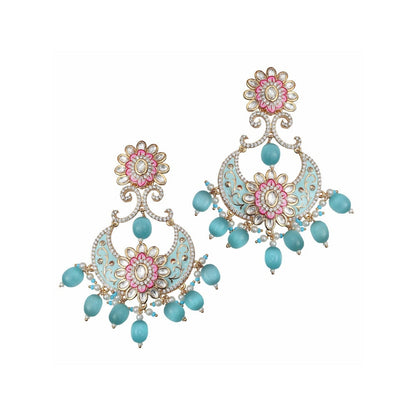 Akulya Jewels Turquoise and White Kundan Meenkari Chandbalis