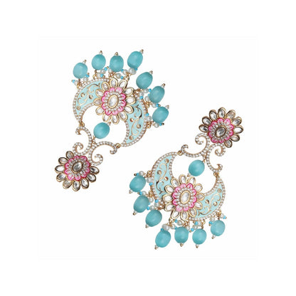 Akulya Jewels Turquoise and White Kundan Meenkari Chandbalis