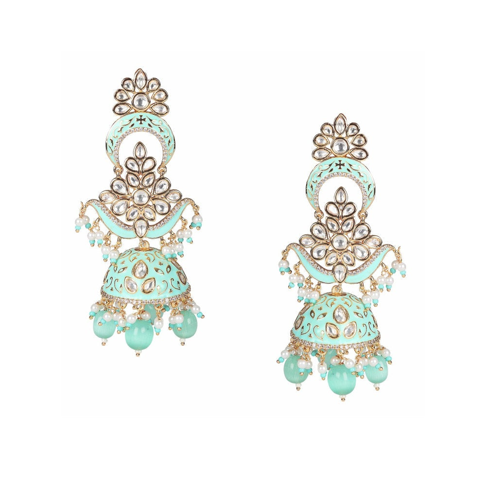 Akulya Jewels Mint Green Minakari Kundan Jhumkas