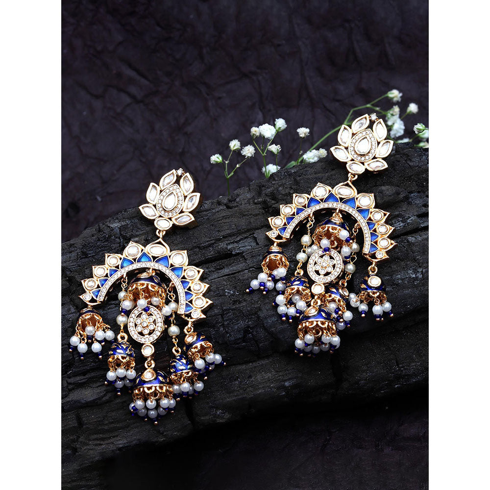 Akulya Jewels Gold Finish Blue Minakari Kundan Chandbalis