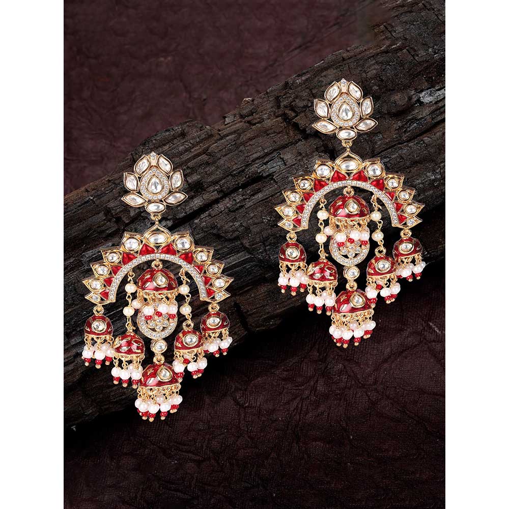 Akulya Jewels Gold Finish Red Minakari Kundan Chandbalis