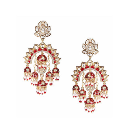 Akulya Jewels Gold Finish Red Minakari Kundan Chandbalis
