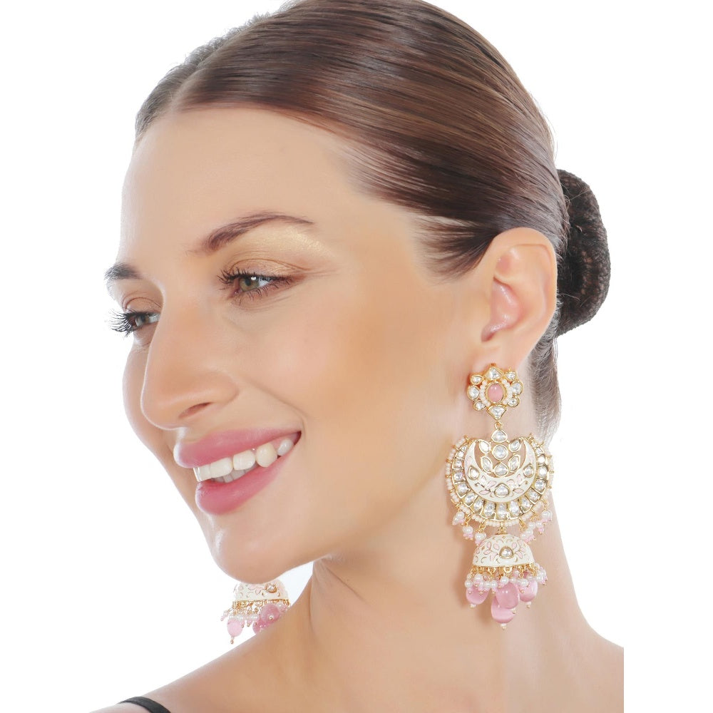 Akulya Jewels Pink and White Minakari Kundan Chandbalis