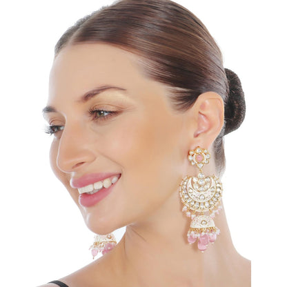 Akulya Jewels Pink and White Minakari Kundan Chandbalis