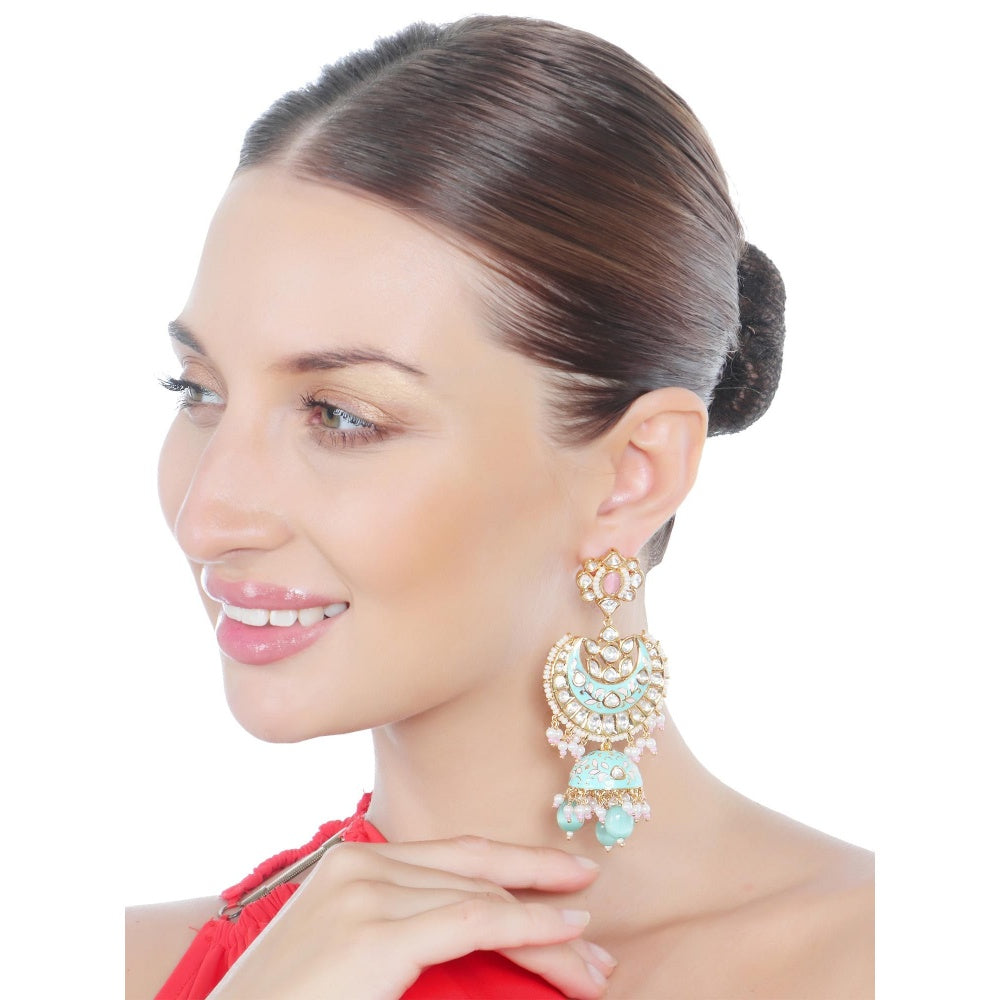 Akulya Jewels Mint Green and Pink Minakari Kundan Chandbalis