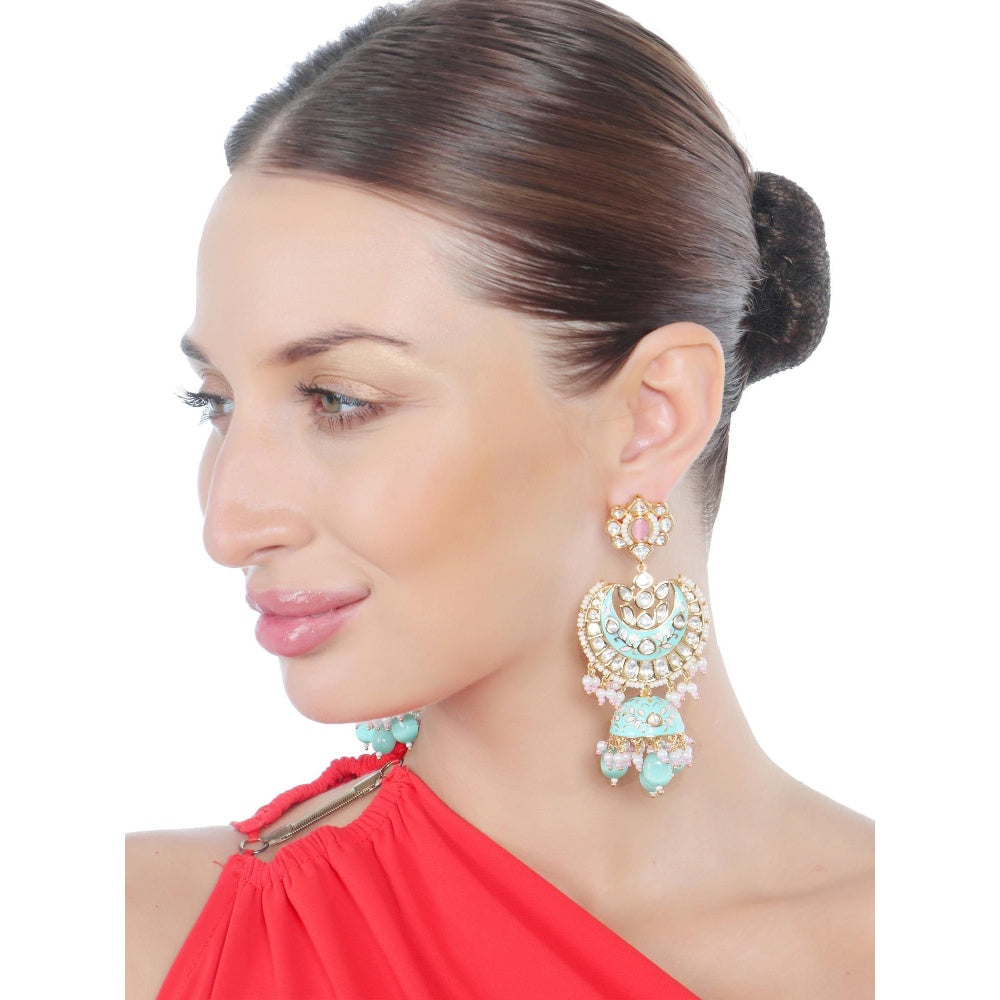 Akulya Jewels Mint Green and Pink Minakari Kundan Chandbalis