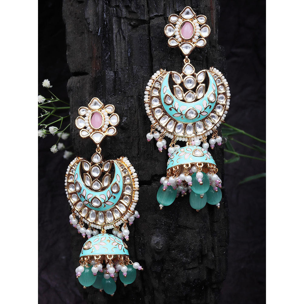 Akulya Jewels Mint Green and Pink Minakari Kundan Chandbalis