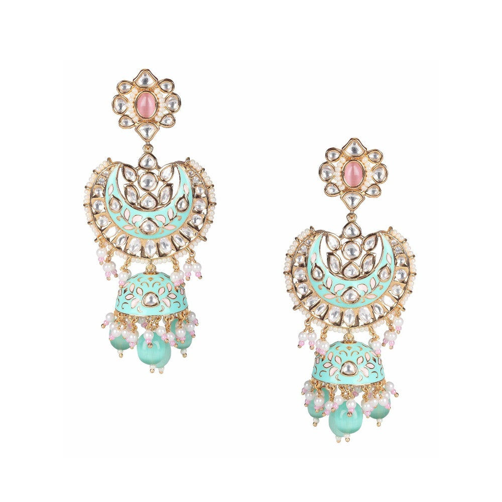 Akulya Jewels Mint Green and Pink Minakari Kundan Chandbalis
