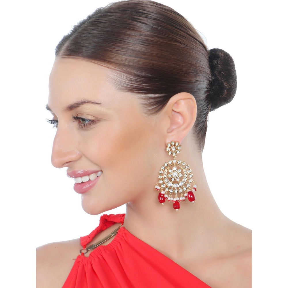 Akulya Jewels Gold Finish Kundan Red Bead Chandbalis