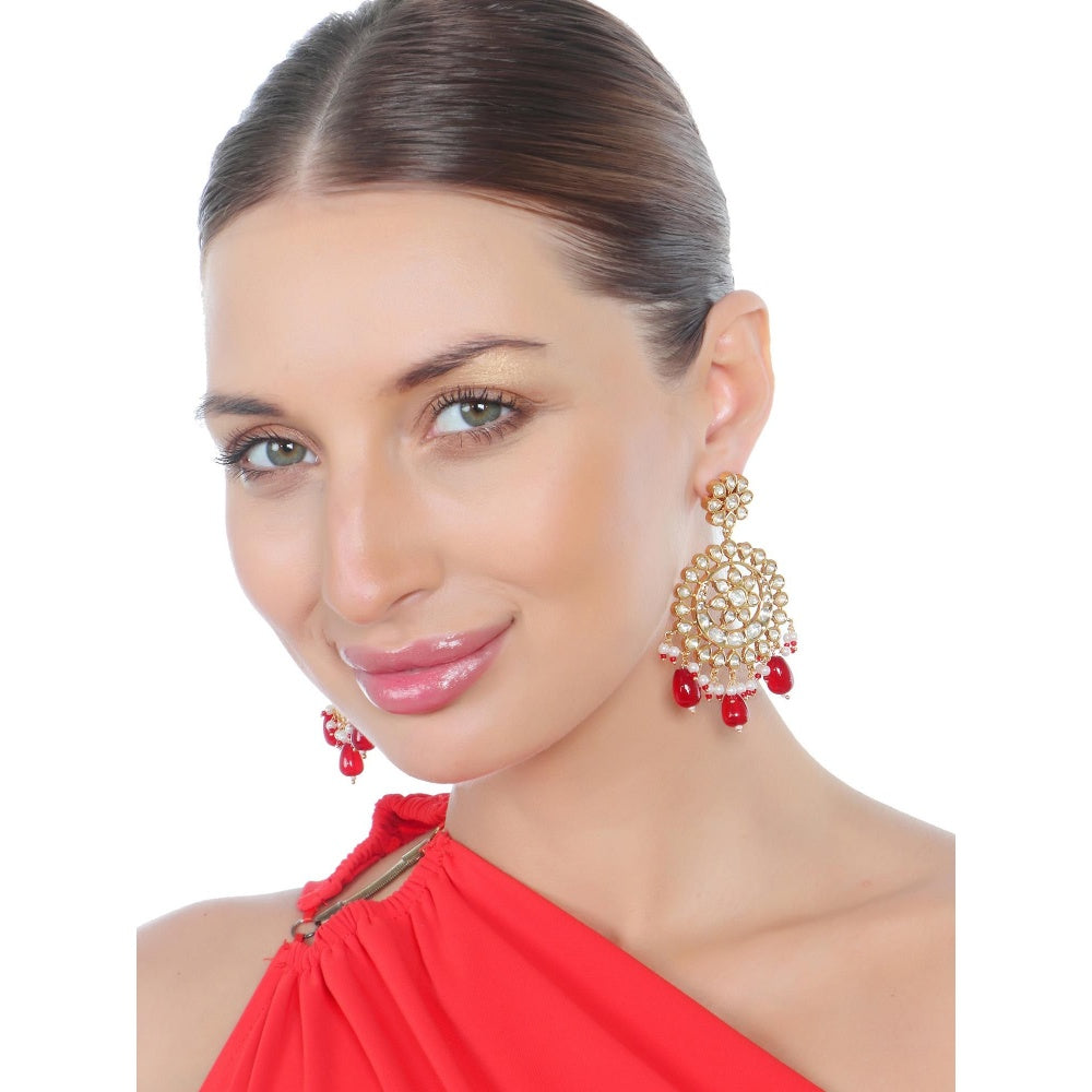 Akulya Jewels Gold Finish Kundan Red Bead Chandbalis