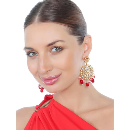 Akulya Jewels Gold Finish Kundan Red Bead Chandbalis