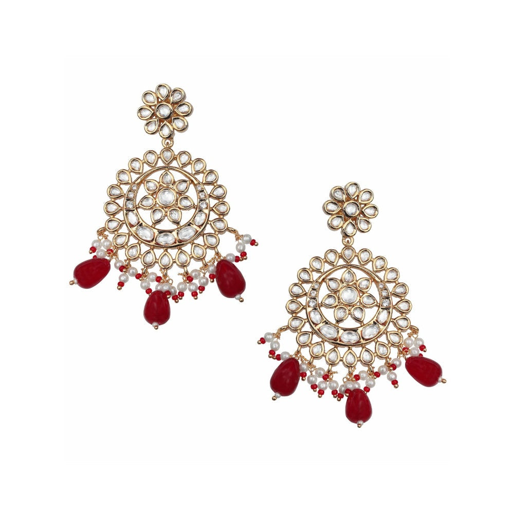 Akulya Jewels Gold Finish Kundan Red Bead Chandbalis