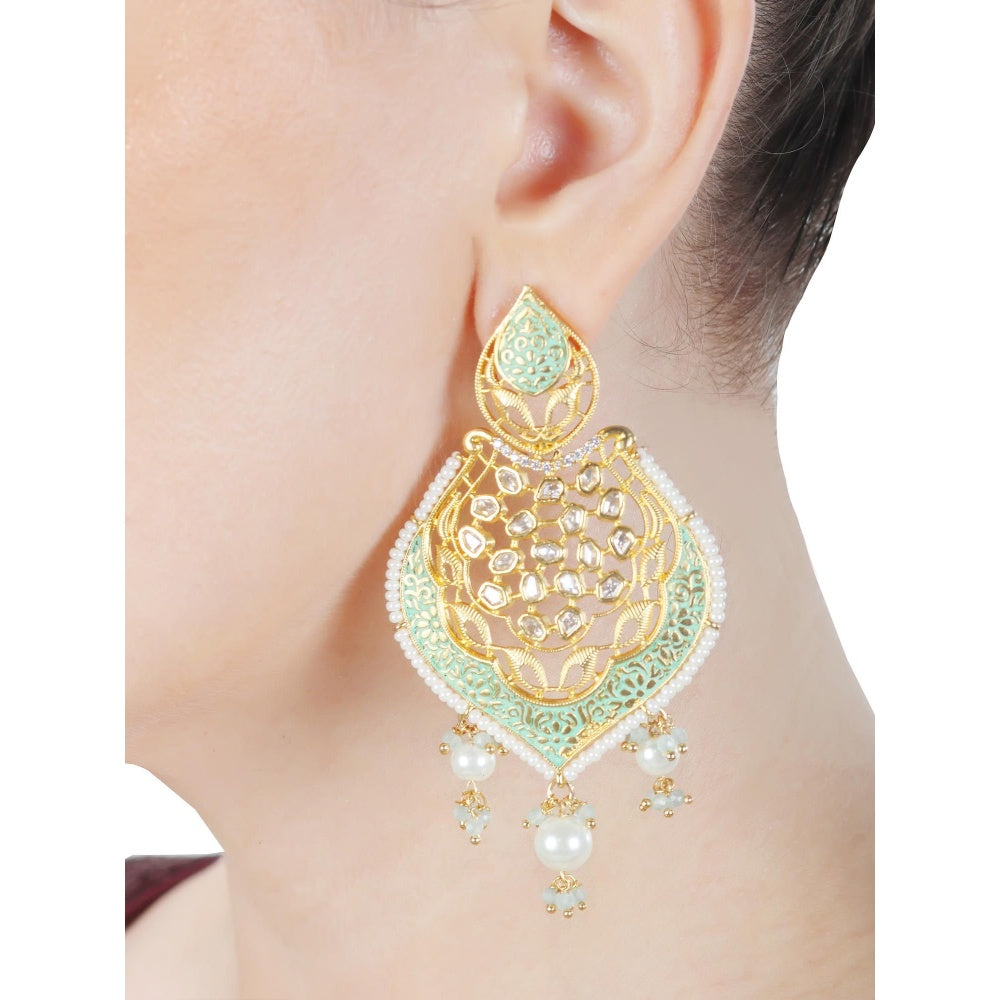 Akulya Jewels Gold Finished Mint Green Brass Danglers with Antique Minakari and Kundan Work