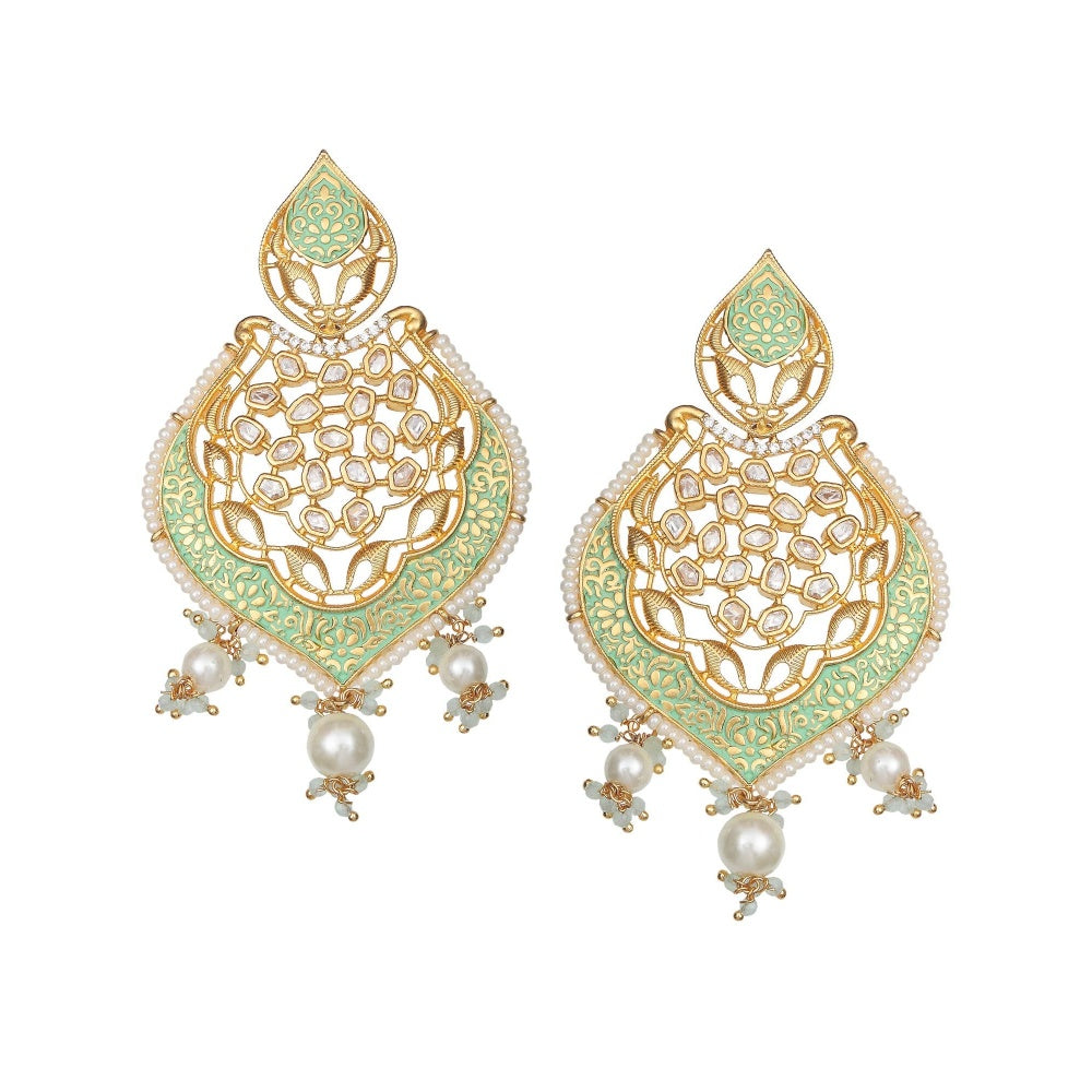 Akulya Jewels Gold Finished Mint Green Brass Danglers with Antique Minakari and Kundan Work