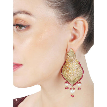 Akulya Jewels Gold Finished Red Brass Danglers with Antique Minakari and Kundan Work