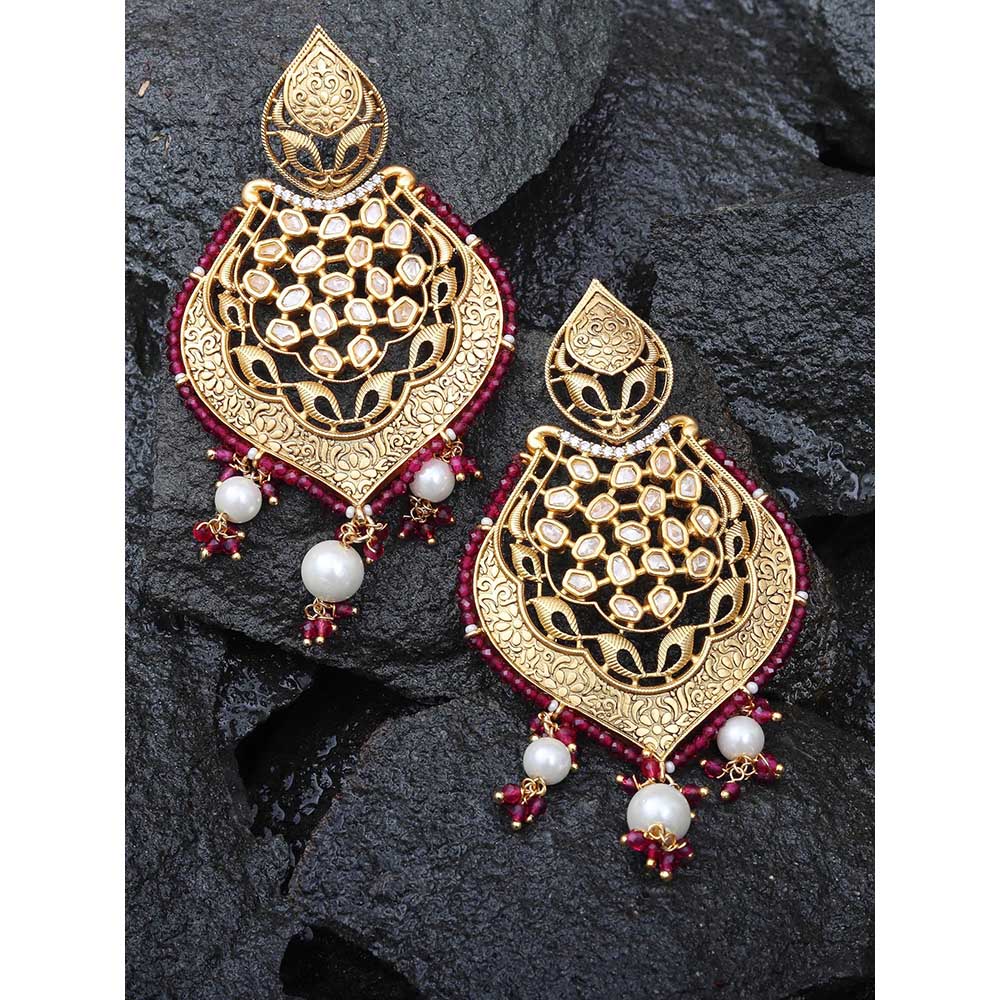 Akulya Jewels Gold Finished Red Brass Danglers with Antique Minakari and Kundan Work