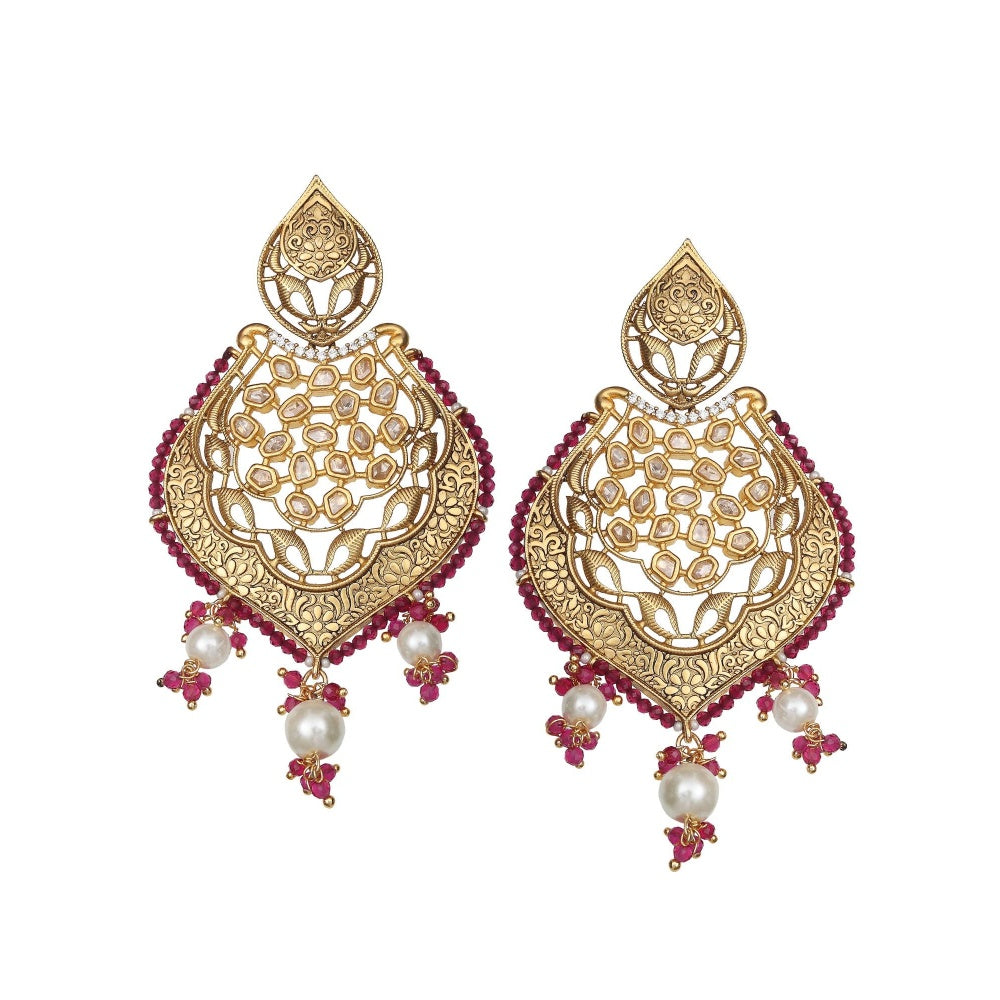 Akulya Jewels Gold Finished Red Brass Danglers with Antique Minakari and Kundan Work