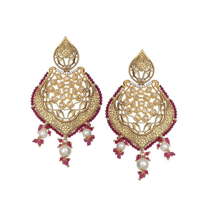 Akulya Jewels Gold Finished Red Brass Danglers with Antique Minakari and Kundan Work