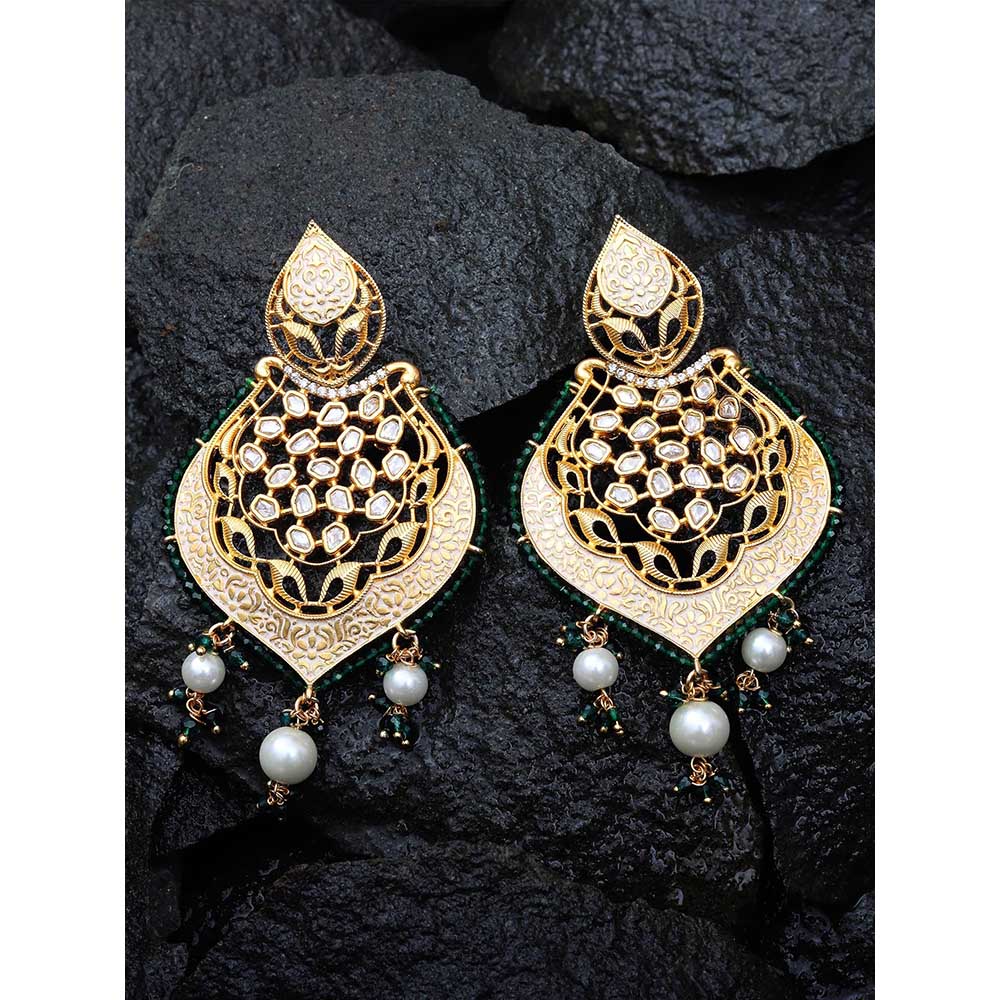 Akulya Jewels Gold Finished Dark Green Brass Danglers with Antique Minakari and Kundan Work