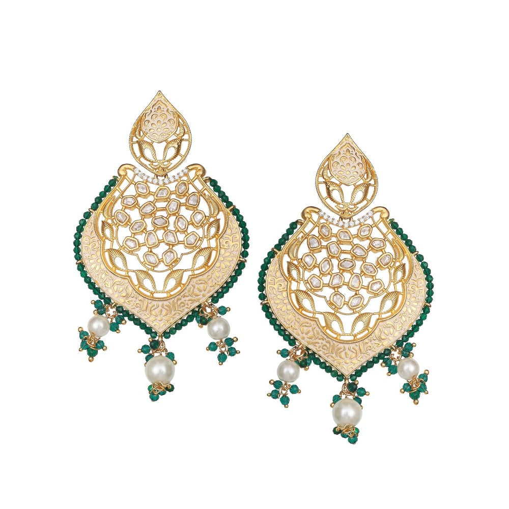Akulya Jewels Gold Finished Dark Green Brass Danglers with Antique Minakari and Kundan Work