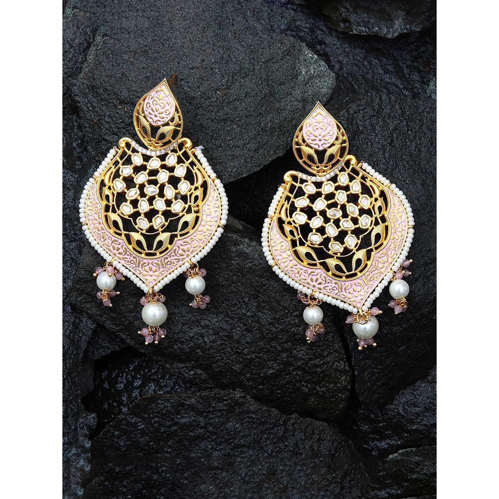 Akulya Jewels Gold Finished Pink Brass Danglers with Antique Minakari and Kundan Work