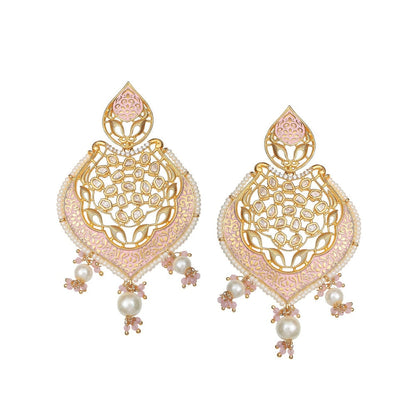Akulya Jewels Gold Finished Pink Brass Danglers with Antique Minakari and Kundan Work